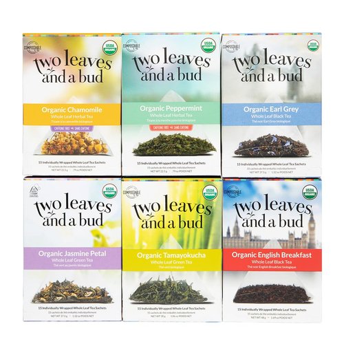Two Leaves and a Bud Sampler Pack, Assortment of Green, Herbal, and Black Tea - Try our Best Sellers (6 total boxes of 15 sachets, 1 Box of each flavor)