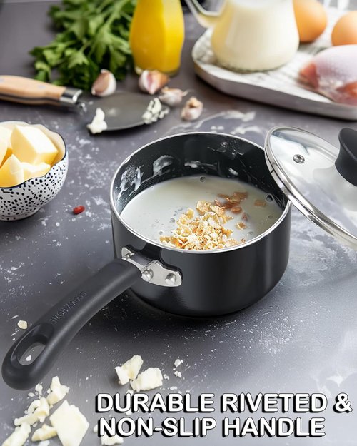 Cook N Home Nonstick Sauce Pan - 2-Qt Multi-Purpose Pot with Glass Lid | Durable Aluminum, Black