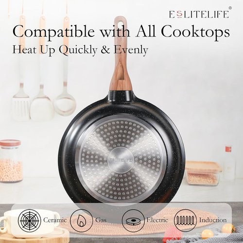 Eslite Life Nonstick Cookware Set - 12 Pcs Granite Coating Pots & Pans | PFOA Free, All Stovetops Compatible, Black