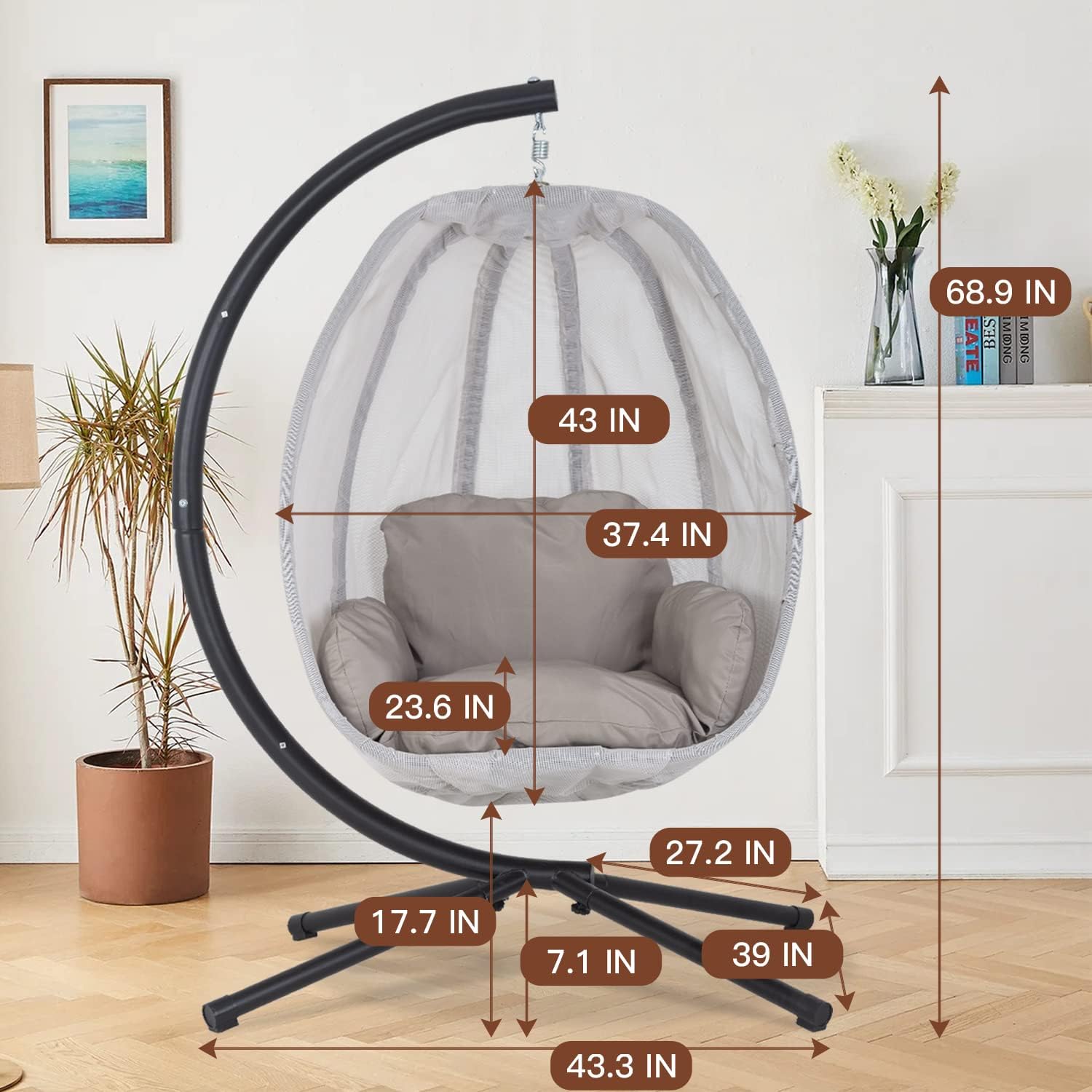 Skiennix Swing Egg Chair - Comfortable Hammock Chair with Metal Stand & Cushion | Gray, 400LBS Capacity