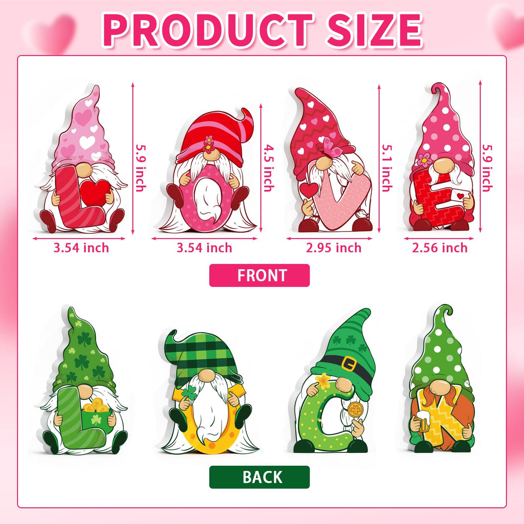 Valentines & St Patricks Day Decorations, 4 Pcs Double-sided Love & Luck Gnome Wooden Sign for Table Tiered Tray Mantel Decorations, Valentine and Shamrock Gnomes Centerpieces for Home Office Gifts