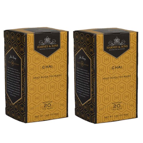 Harney & Son's Masala Chai Box of 20 Teabags Two Pack (40 Total) - Spicy Black Tea Blend With Cardamom, Vanilla, and Zesty Spices - 20 Wrapped Tea Bags Per Box