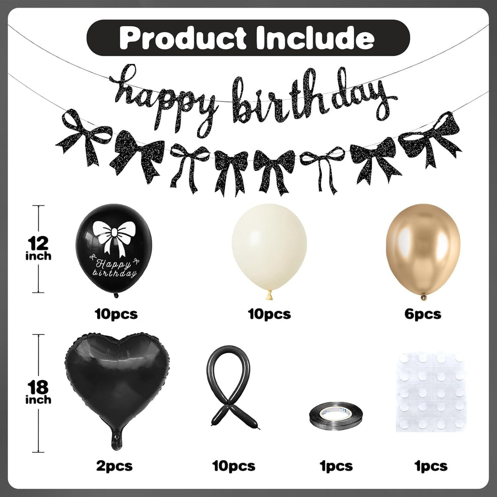 Skiennix Bow Birthday Decorations - Elegant Black & Gold Coquette Party Set with Happy Birthday Banner & Heart Foil Balloons