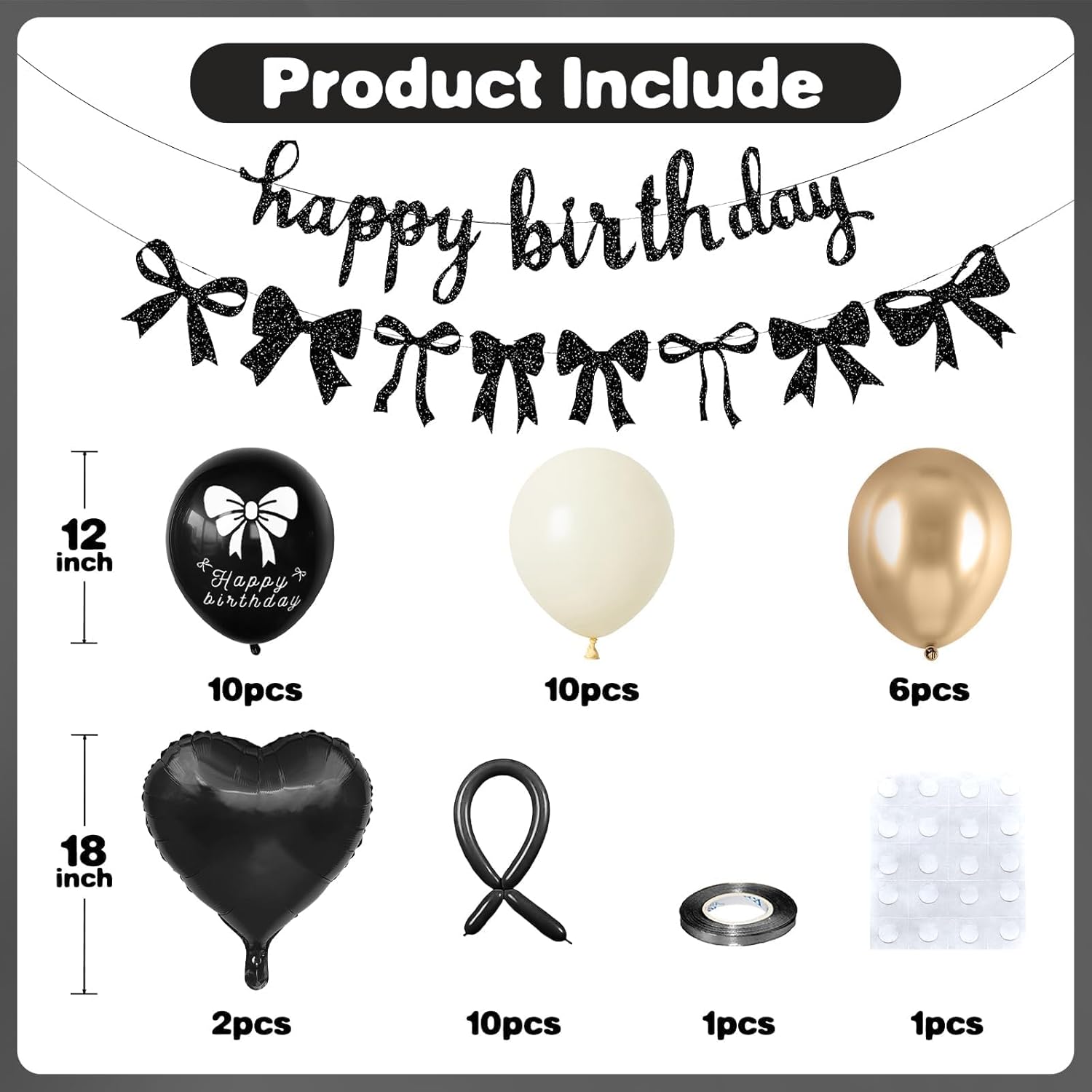 Skiennix Bow Birthday Decorations - Elegant Black & Gold Coquette Party Set with Happy Birthday Banner & Heart Foil Balloons