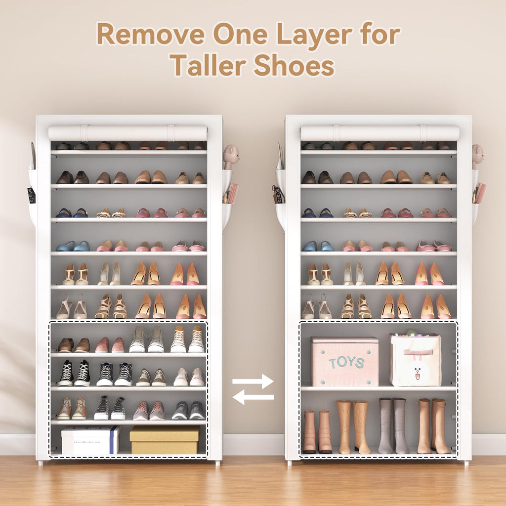 ROJASOP Shoe Rack with Covers 10 Tier Large Shoe Organizer Tall Shoe Closet Storage for 50-55 Pairs Shoe and Boot, Free Standing Shoe Rack Organizer for Closet, Entryway, Bedroom, White