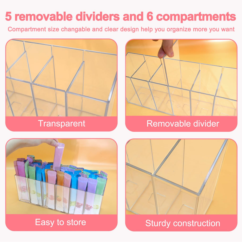 Drink Packet Organizer with Removable Divider & 6 Compartment, Mounted Water Packet Organizer with Soft Magnetic and Adhesive Sticker, Water Flavor Packet Storage for Kitchen Pantry Cabinet Fridge