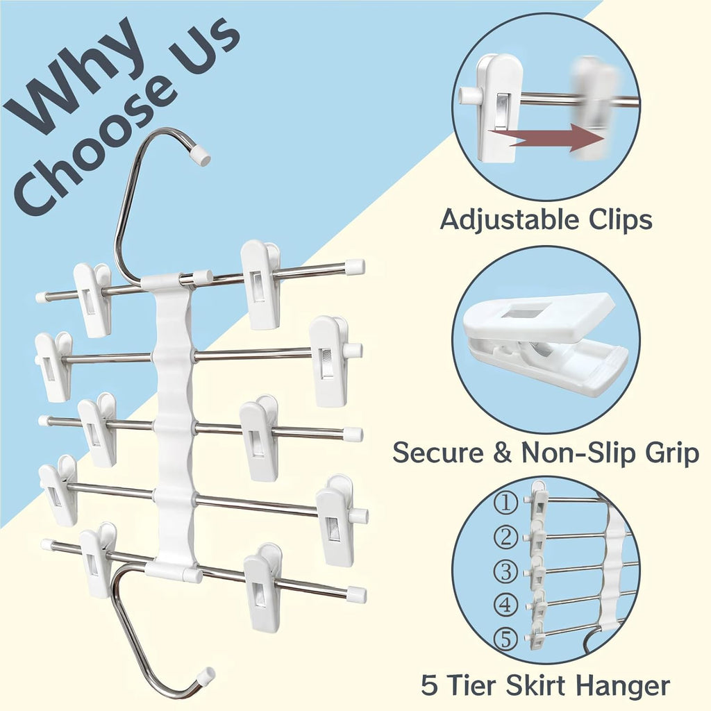 Skiennix Skirt Hangers - Space-Saving Metal Pants Hangers with Clips - 2 Pack Closet Organizer