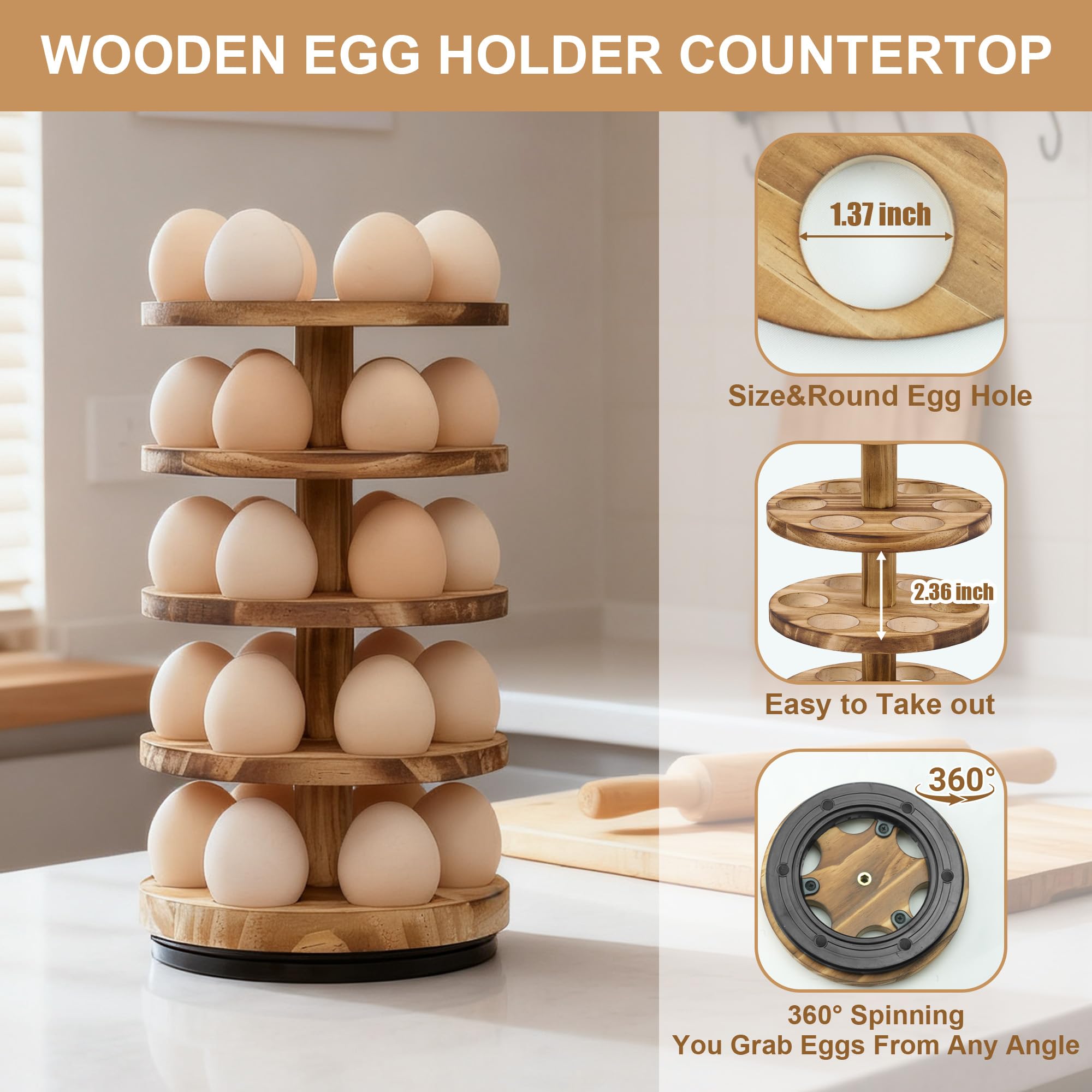 HOMELYSTBO Wooden Fresh Egg Holder Countertop, 5 Layer Rotating Countertop Egg Holder for Fresh Eggs, Stackable with 30 Eggs for Countertop Kitchen, Pine