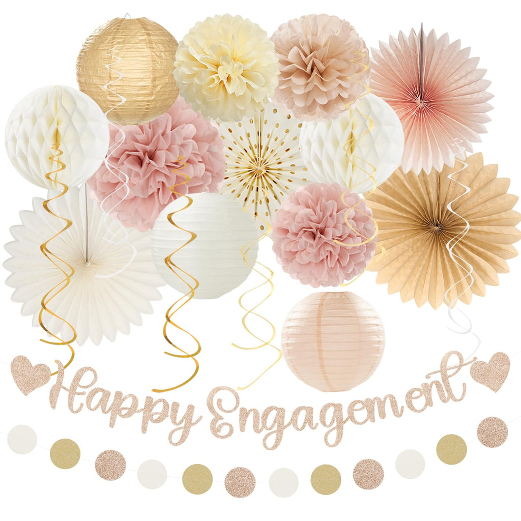 Champagne-Gold Fall Boho Happy-Engagement Party-Decorations - 21pcs Women She Said Yes Proposal Banner Streamers, Beige One Sweet Peach Paper Lanterns,Flower Tissue Pom Poms Fan Favors Decor Huglony