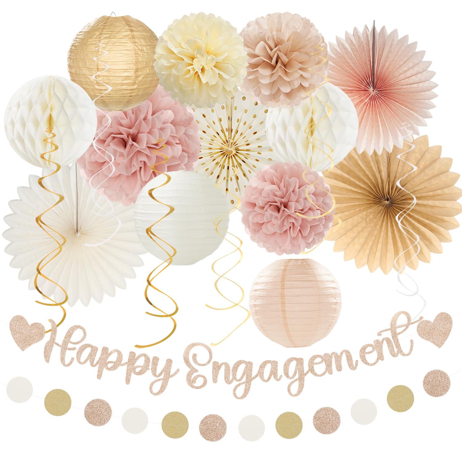 Champagne-Gold Fall Boho Happy-Engagement Party-Decorations - 21pcs Women She Said Yes Proposal Banner Streamers, Beige One Sweet Peach Paper Lanterns,Flower Tissue Pom Poms Fan Favors Decor Huglony