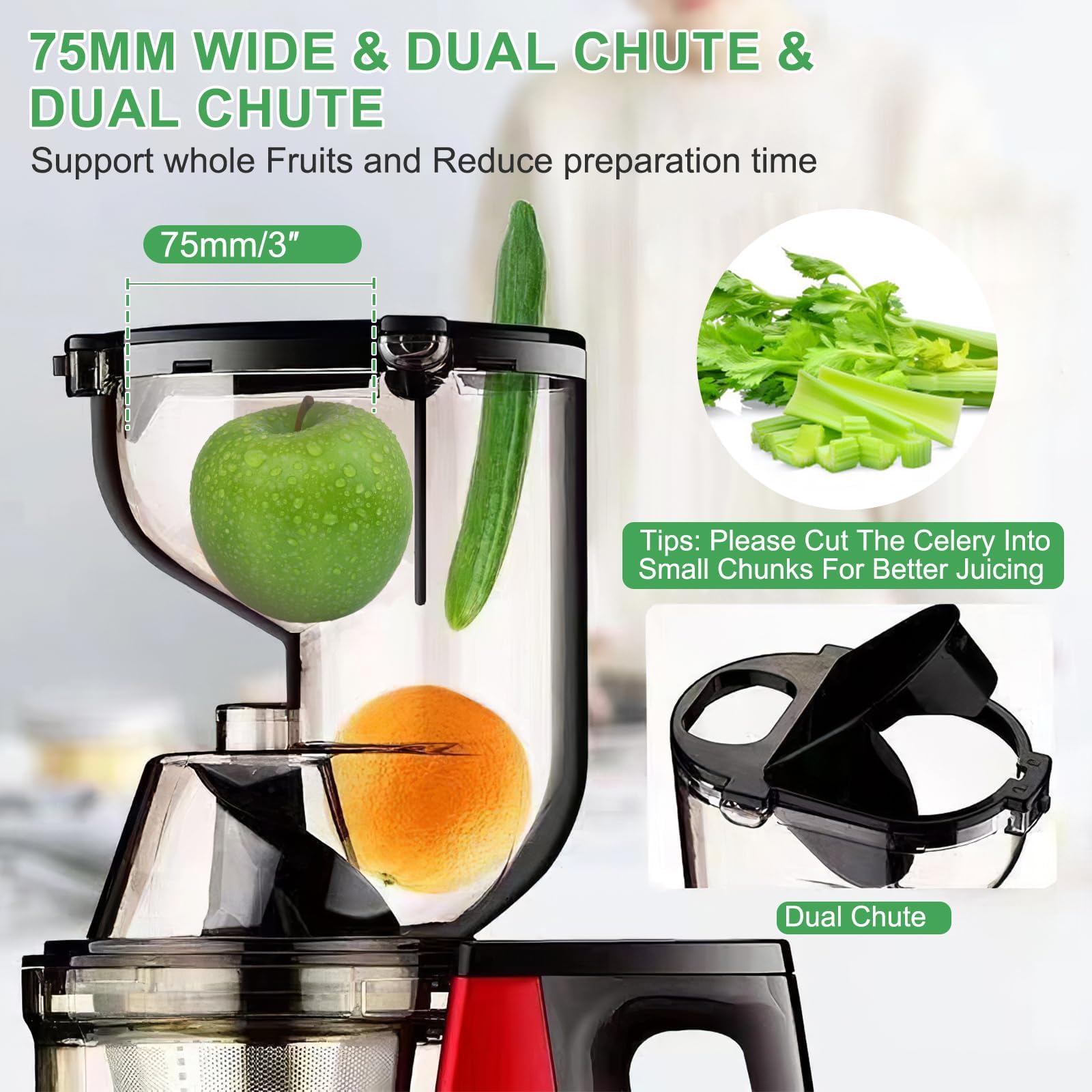 TeqHome Cold Press Juicer,300W Electric Masticating Juicer Machines with 3" Large Feed Chute for Whole Fruits and Vegetables,Upgraded High Juice Yield Juice Extractor Machine with 2 Cups,Easy to Clean