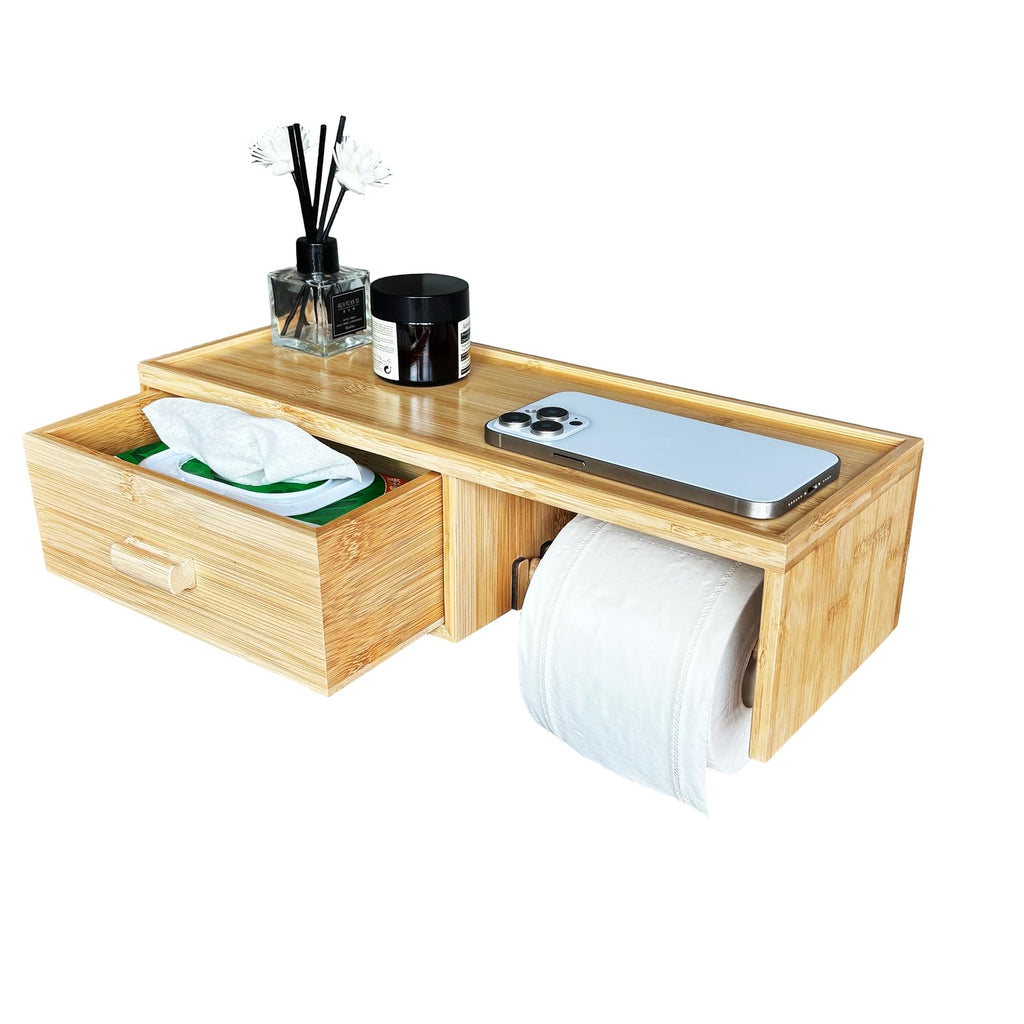 Bamboo Toilet Paper Holder with Shelf,Wall Mount Bathroom Holder with Wet Wipes Storage Drawer(Natural)