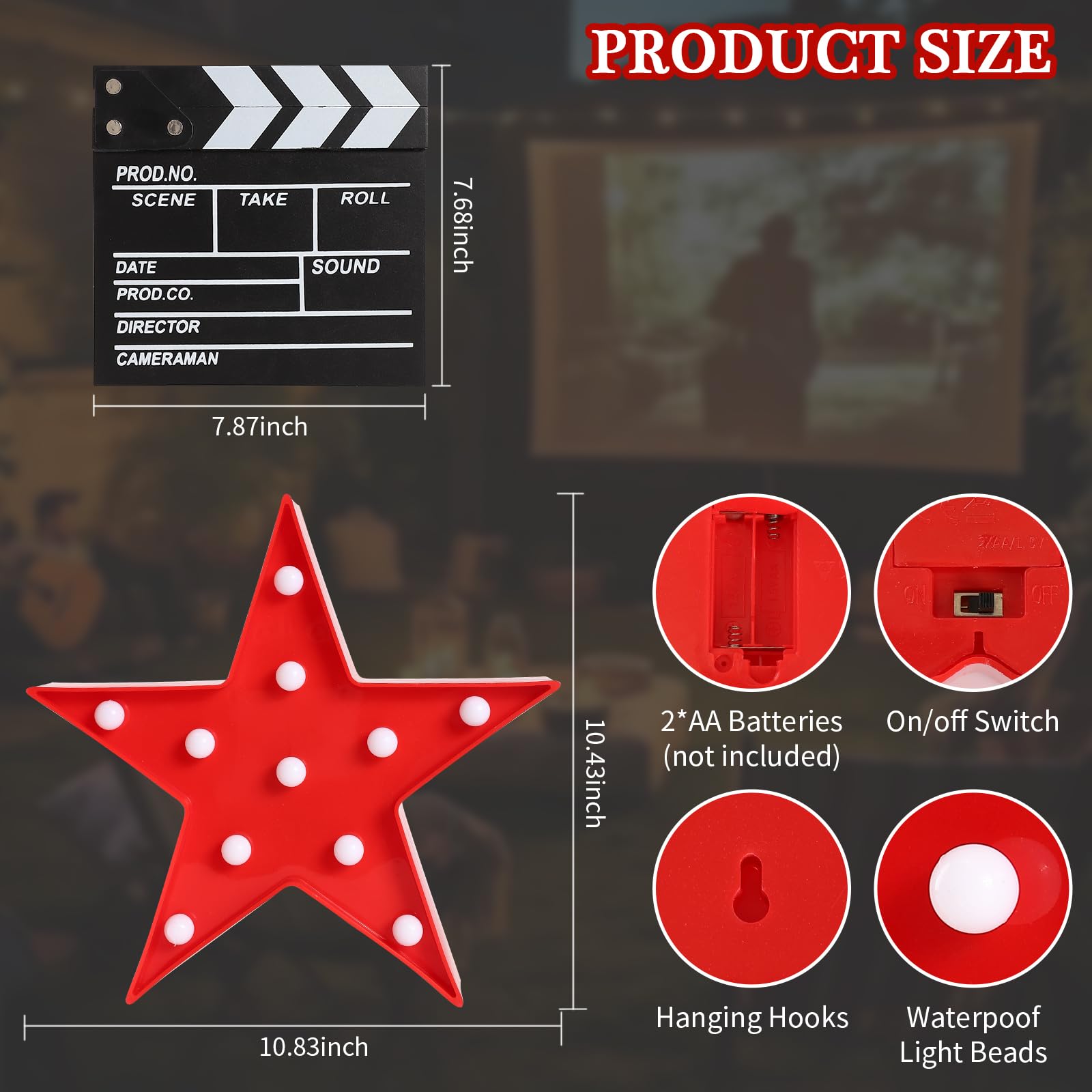 Movie Theater Decor,Film Clapper Board and Light LED Star Sign Movie Props for Night Decorations,Home Room Theater Decor Party Supplies