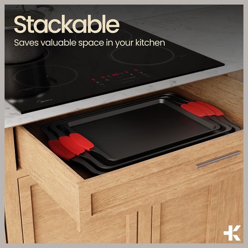 BAKKEN Nonstick Baking Pan - Durable Carbon Steel Cookie Sheet with Red Silicone Handles | 15.15 x 10.03" Oven Safe Up to 450°F