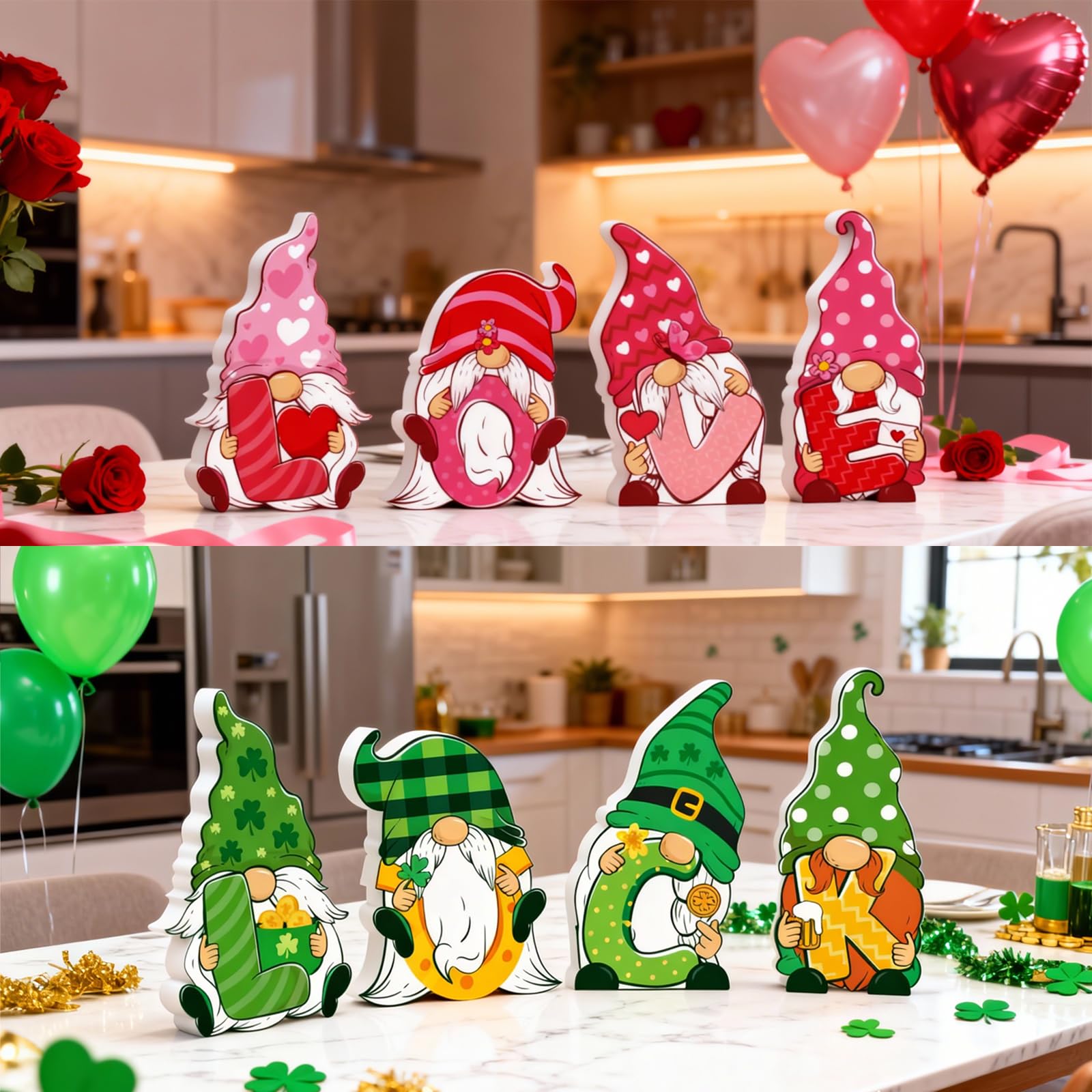 Valentines & St Patricks Day Decorations, 4 Pcs Double-sided Love & Luck Gnome Wooden Sign for Table Tiered Tray Mantel Decorations, Valentine and Shamrock Gnomes Centerpieces for Home Office Gifts