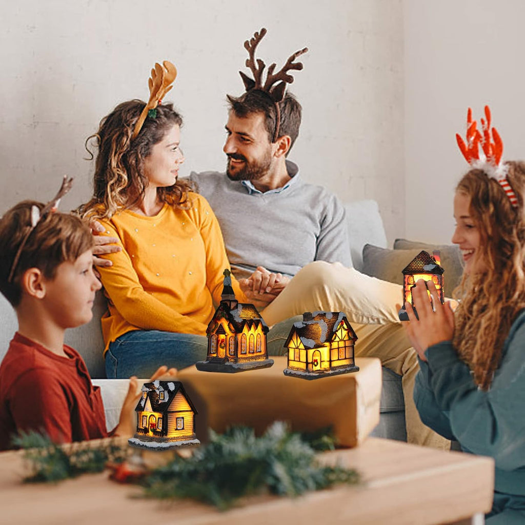Skiennix 4 Pcs Small Christmas Village House Set - Resin Collectible Buildings with LED Lanterns for Holiday Table Decor
