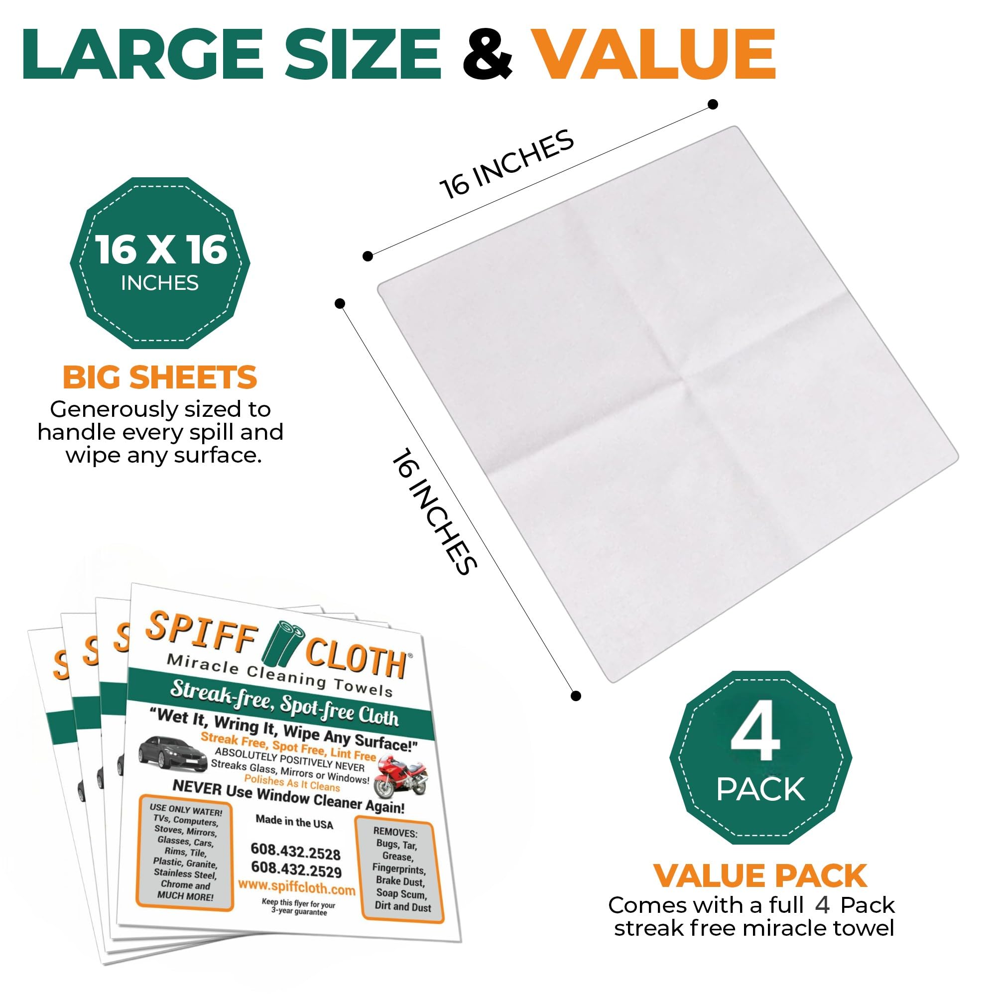 Spiff Cloth 4-Count, Miracle Cleaning Towels, Streak-Free, Cleans with Just Water, 16" x 16" Reusable Washable Cloths