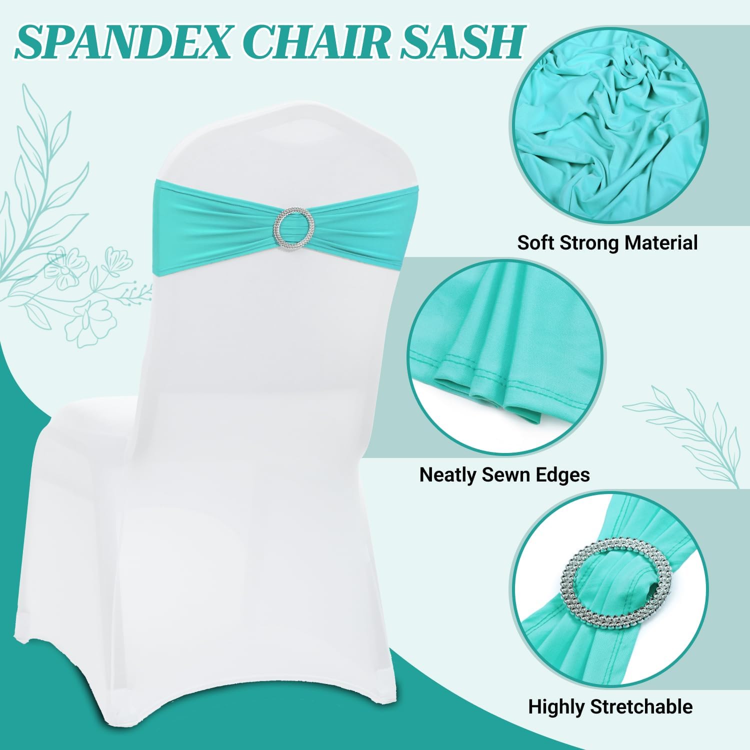 MDS Spandex Chair Sashes - Premium Stretch Covers with Buckle Slider | 50 Pack in Aqua Blue for Weddings & Events