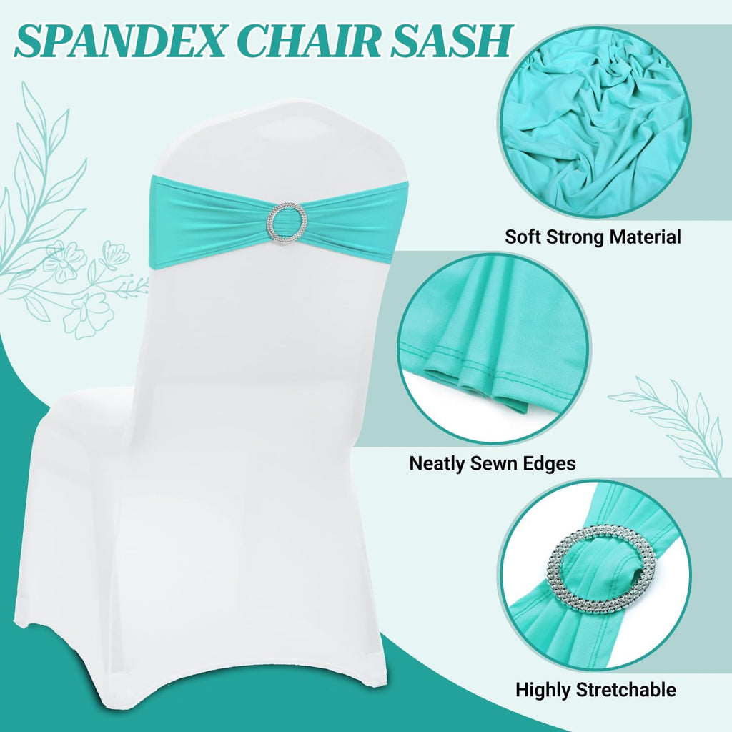 MDS Premium Spandex Chair Sashes - 100 Pack Stretch Covers with Buckle Slider | Aqua Blue for Weddings & Events