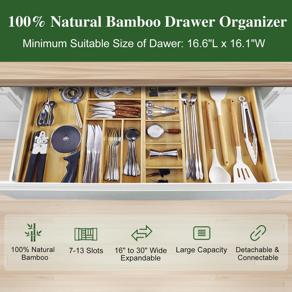 MH MYLUNE HOME Large Bamboo Expandable Drawer Organizer, Silverware Organizer for Drawers, 16 to 30 Inches Wide, 7-13 Slots, Kitchen Drawer Organizers for Utensils, Bamboo Wood Cutlery Organizers