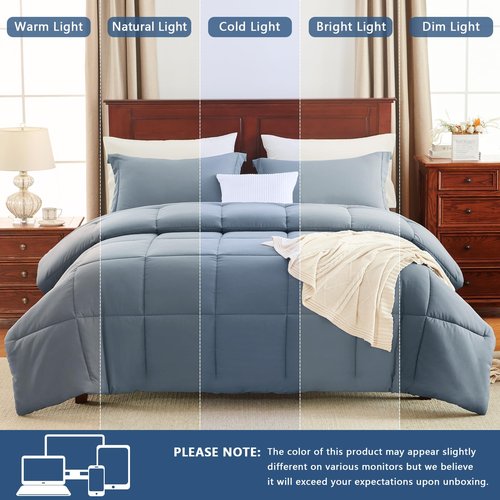CozyLux King Comforter Set - Grayish Blue Comforter King Size, 3 Pieces Box Stitched Bed Set for All Seasons, Soft Lightweight Bedding Sets with 1 Down Alternative Comforter and 2 Pillow Shams