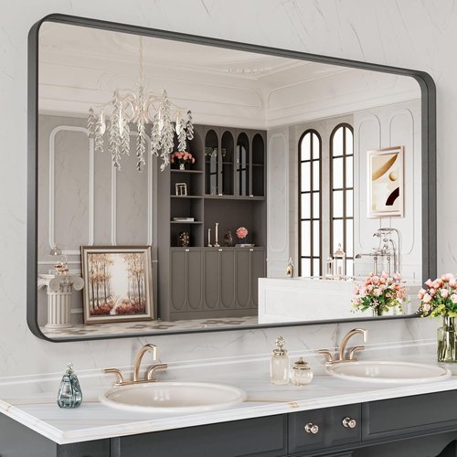 LOAAO Black Metal Framed Bathroom Mirror - 48x28 Inch Matte Black Vanity Mirror | Anti-Rust, Tempered Glass, Versatile Hanging Options