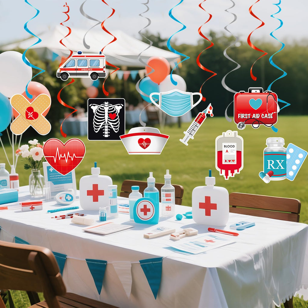 44 Pcs Medical Hanging Swirls Decorations, 20 Hospital-Themed Ceiling Foil Swirl Ornaments with Ambulance, RX, Syringe, Nurse Cap, First Aid Icons and 4 Double Swirls for Doctor Nurse Graduation Decor