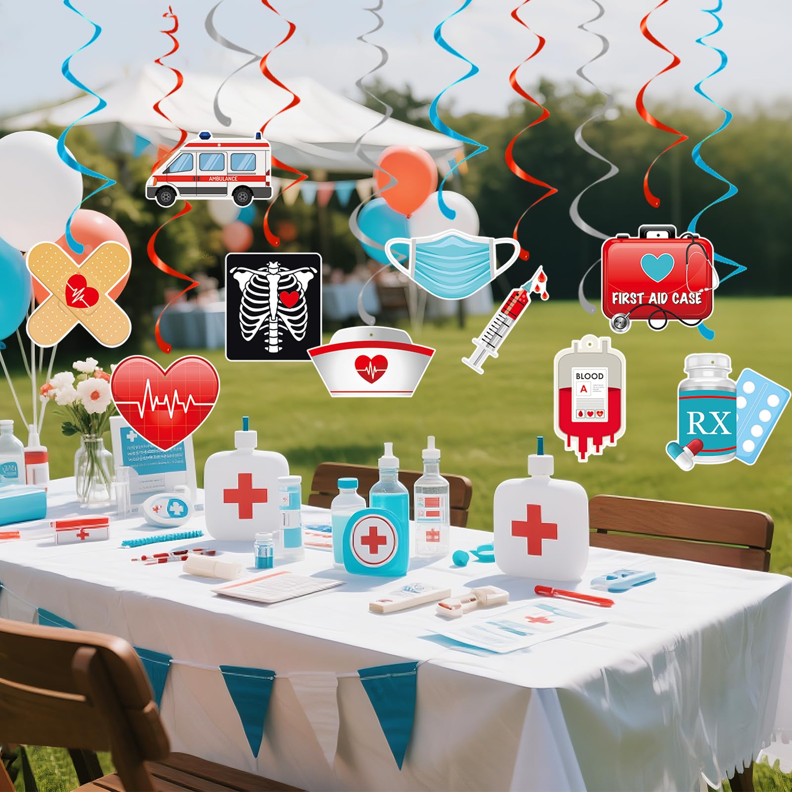 44 Pcs Medical Hanging Swirls Decorations, 20 Hospital-Themed Ceiling Foil Swirl Ornaments with Ambulance, RX, Syringe, Nurse Cap, First Aid Icons and 4 Double Swirls for Doctor Nurse Graduation Decor