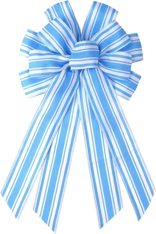 Blue White Striped Wreath Bow - Large 20x11 Inch Premade Baby Shower Decor | Summer Coastal Home Accent