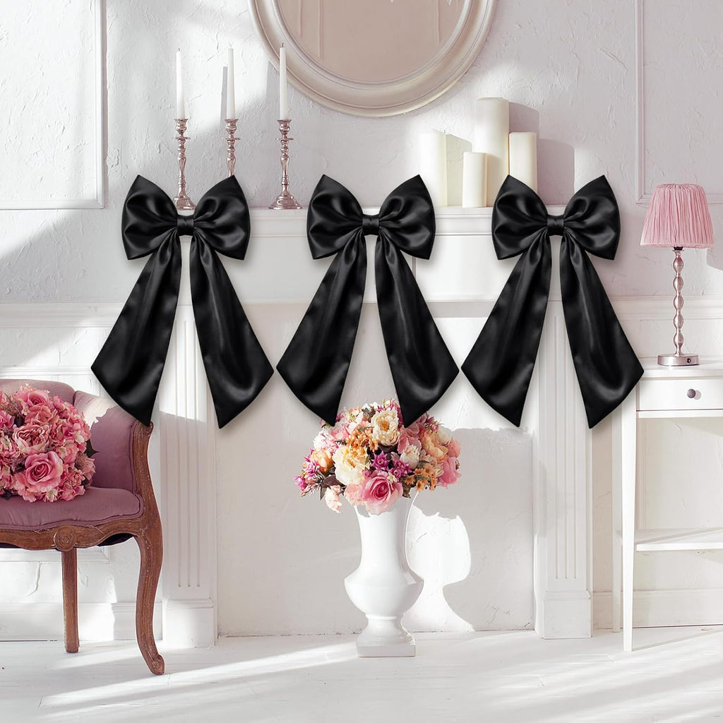 Suncalla 2 FT Large Satin Bow Decorations - 3 Pcs Hanging Wall Decor for Parties & Events | Black