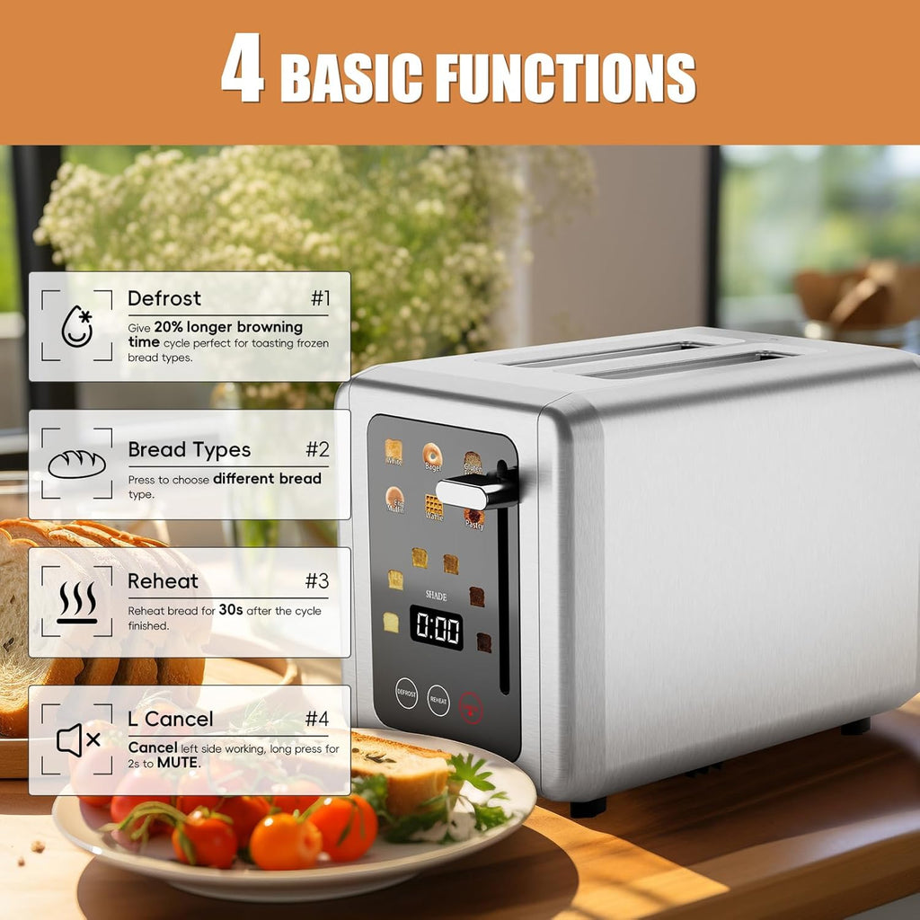 WUNLY 2-Slice Toaster - Touchscreen Control & Digital Countdown Timer - 6 Shade Settings, Titanium
