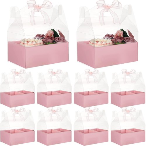 Honeydak 10 Kit 4 Inch Cake and Flower Clear Boxes, Portable Clear Gift Box for Cake Flower Pack Together, Transparent Gift Packaging with Ribbon for Valentine Wedding Holiday Party Favors(Pink)
