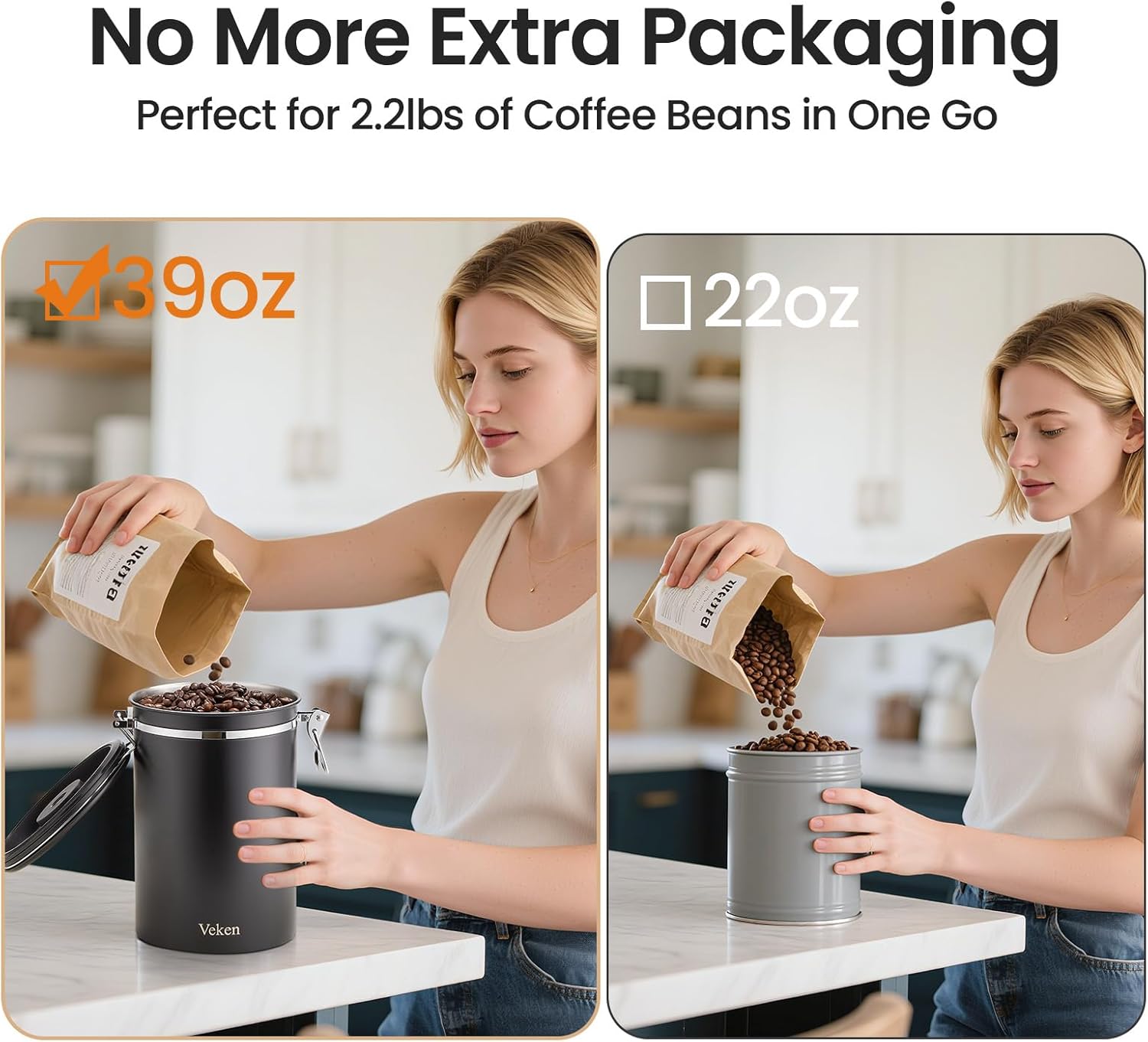 Veken Coffee Canister - Airtight Stainless Steel Food Storage Container | 39oz for Coffee, Sugar & Tea