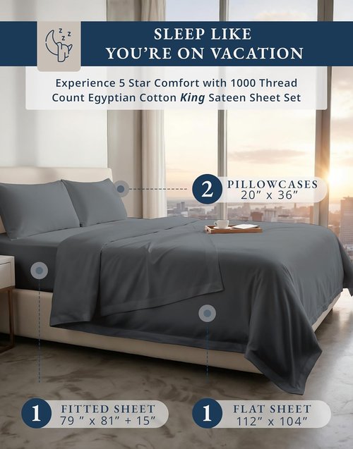 100% Egyptian Cotton King Sheet Set - Premium 1000 Thread Count, Naturally Cooling & Breathable, Charcoal