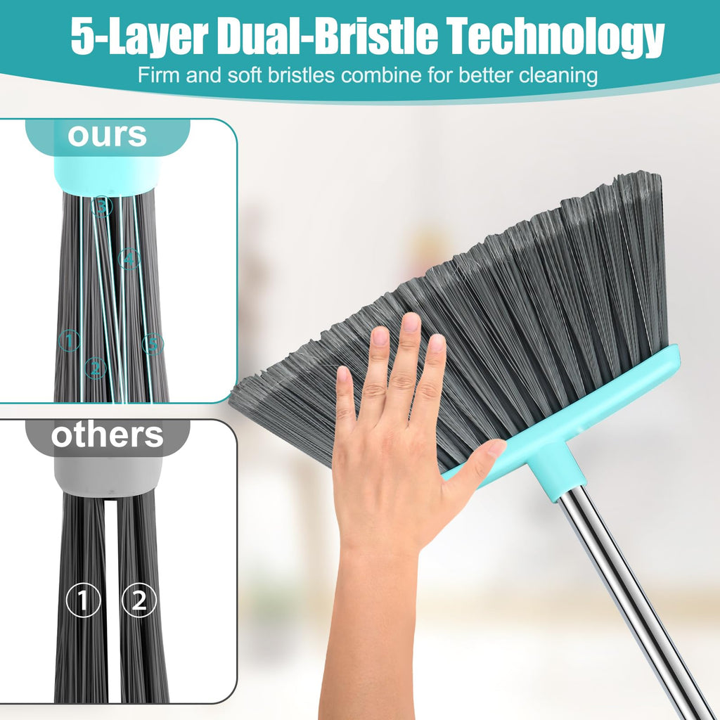 Michao Upgrade Broom and Dustpan Set, Silicone Broom,Long Handle Broom with Upright Standing Dustpan, Squeegee - Broom for Indoor Cleaning 2+1,for Indoor Outdoor,Smooth Floors, Rugs (Green-Grey)