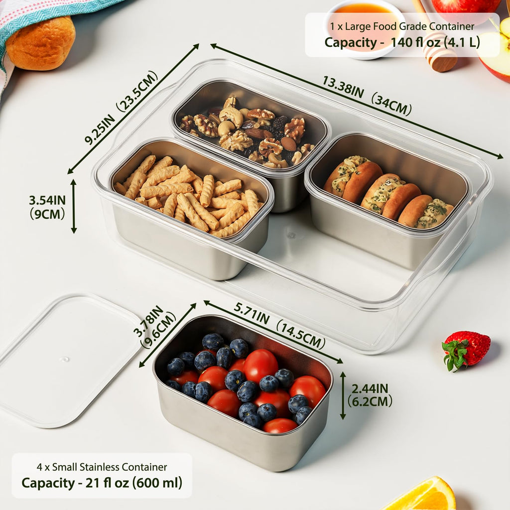 Freshmage Snackle Box Container, Stainless Steel Divided Serving Snack Tray with Lid and Handle, 4 Compartment Portable Snack Platters for Road Trip, Beach, Picnic, Ball Games, Pool and Parties