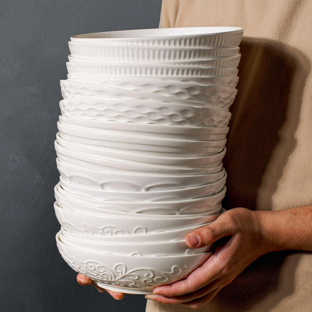 Artena Ceramic Pasta Bowls - 32oz Large Salad Bowls Set of 4 | White Embossed, Microwave & Dishwasher Safe
