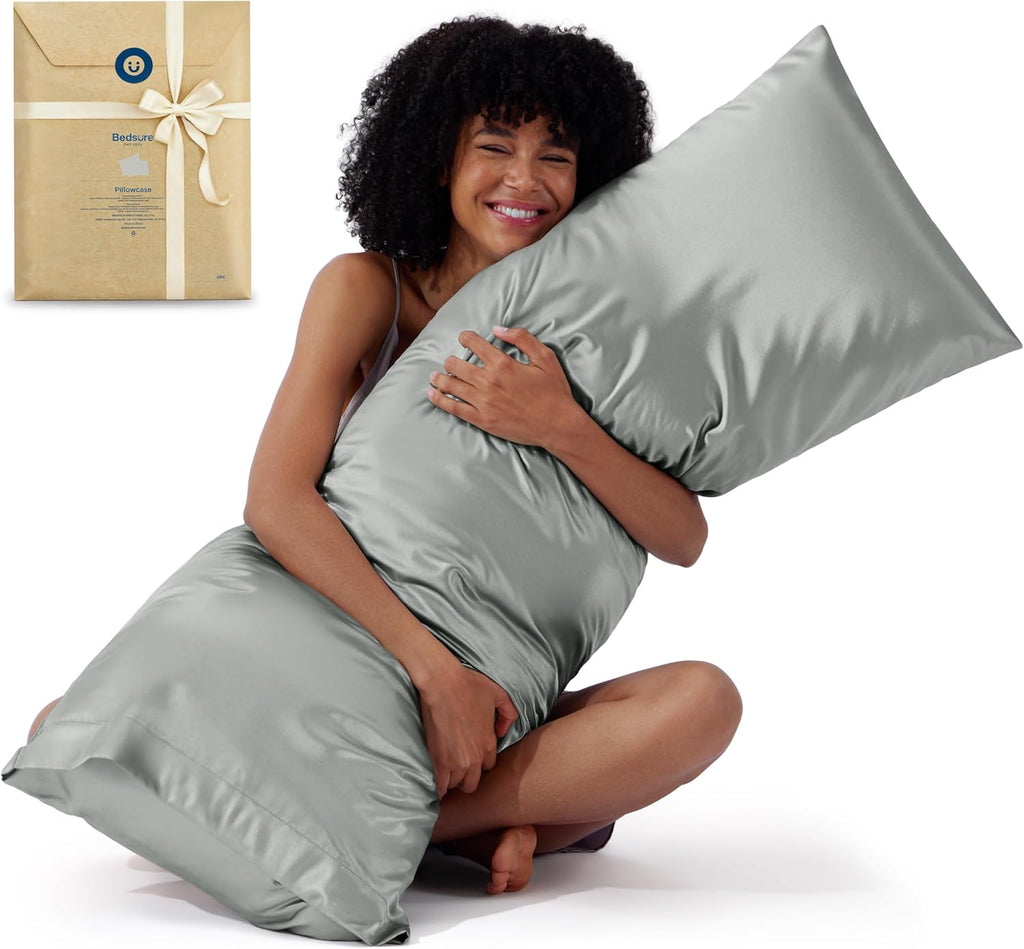 Bedsure Satin Body Pillowcase - Cooling Silky Cover for Hair & Skin | Grey, 20x54 Inches