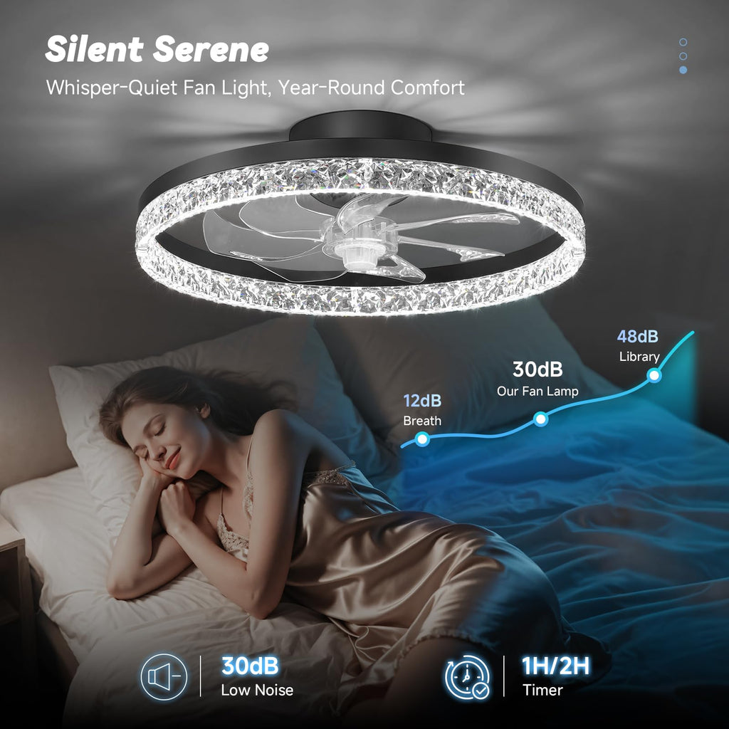 FOLKSMATE Ceiling Fan with Light and Remote, Low Profile Flush Mount Crystal Fandelier, Modern 6 Speeds Quiet Reversible, 2800-6500K Dimmable LED, Timer Fan Light for Bedroom Living Room Kitchen