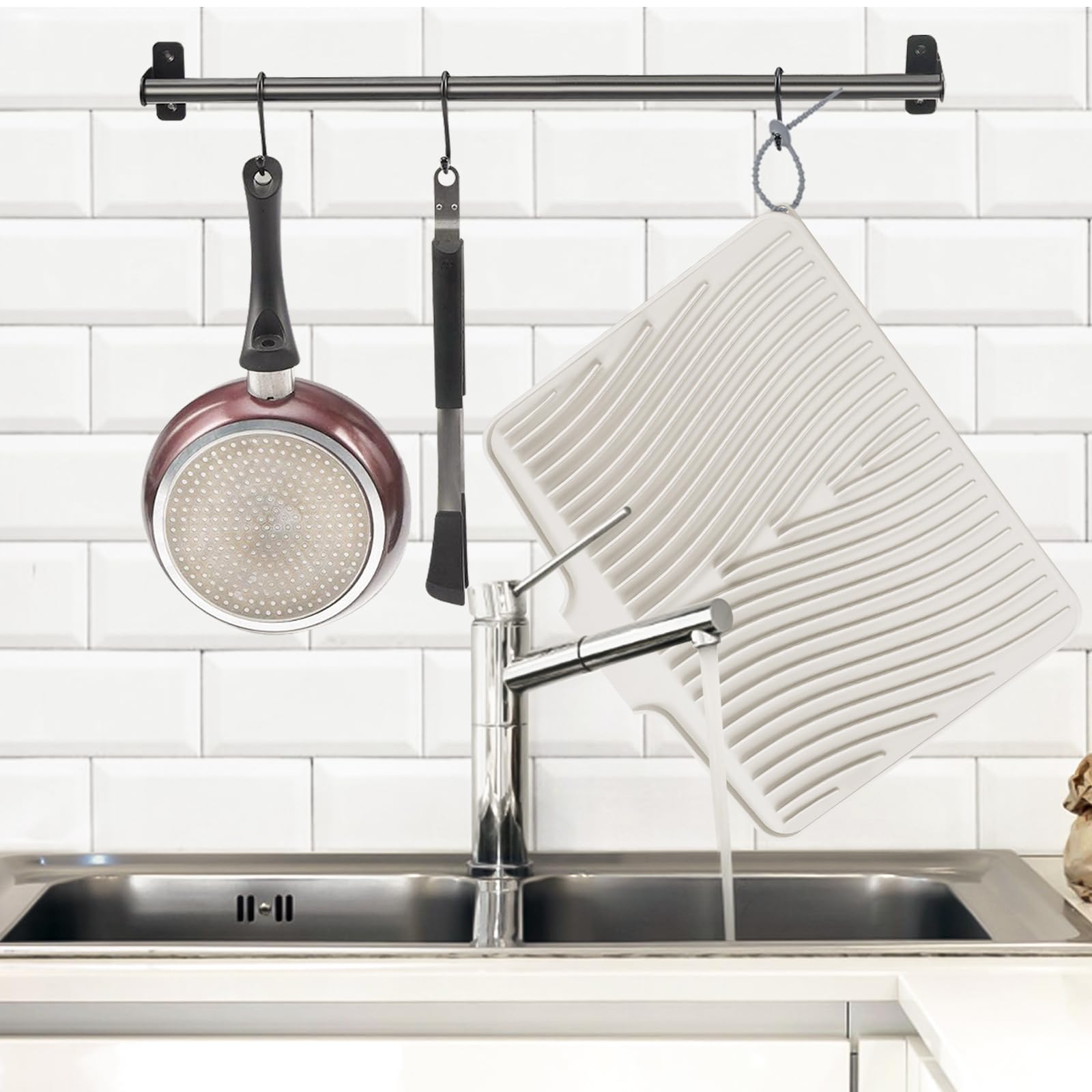TIKNIK Silicone Dish Drying Mat, Stone Drying Mat for Kitchen Counter with Built-In Drain, Non-Slip Drain Pad with Built-in Drain, Heat Resistant Stone Drying Mat, Hangable, Cream-1pcs, 16" x 12"