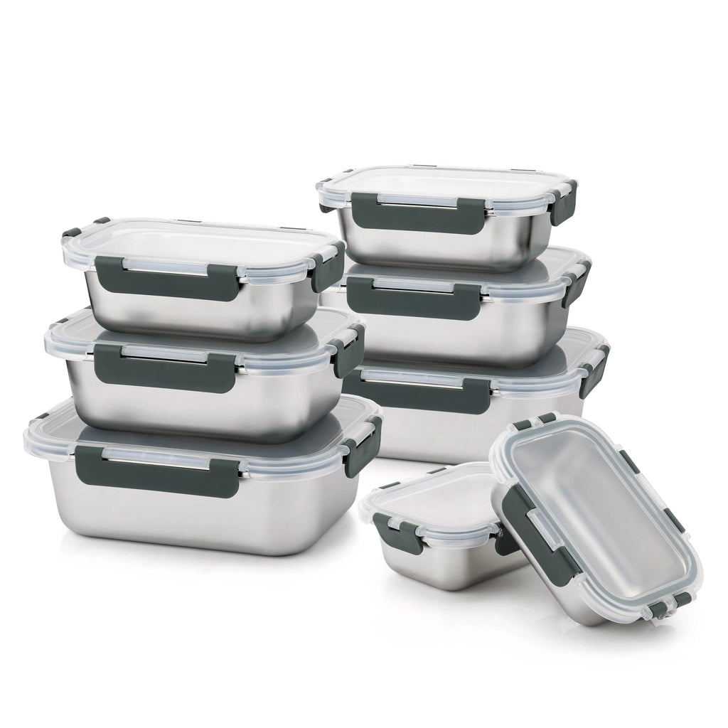 Cuiselect 8 PCS Stainless Steel Lunch Box, 4-Size (58/41 /24 /14Oz) Stackable Metal Bento Boxes BPA Free Dishwasher Safe, Food Storage Containe, Leakproof Reusable Meal Storage for Work,Travel (Gray)