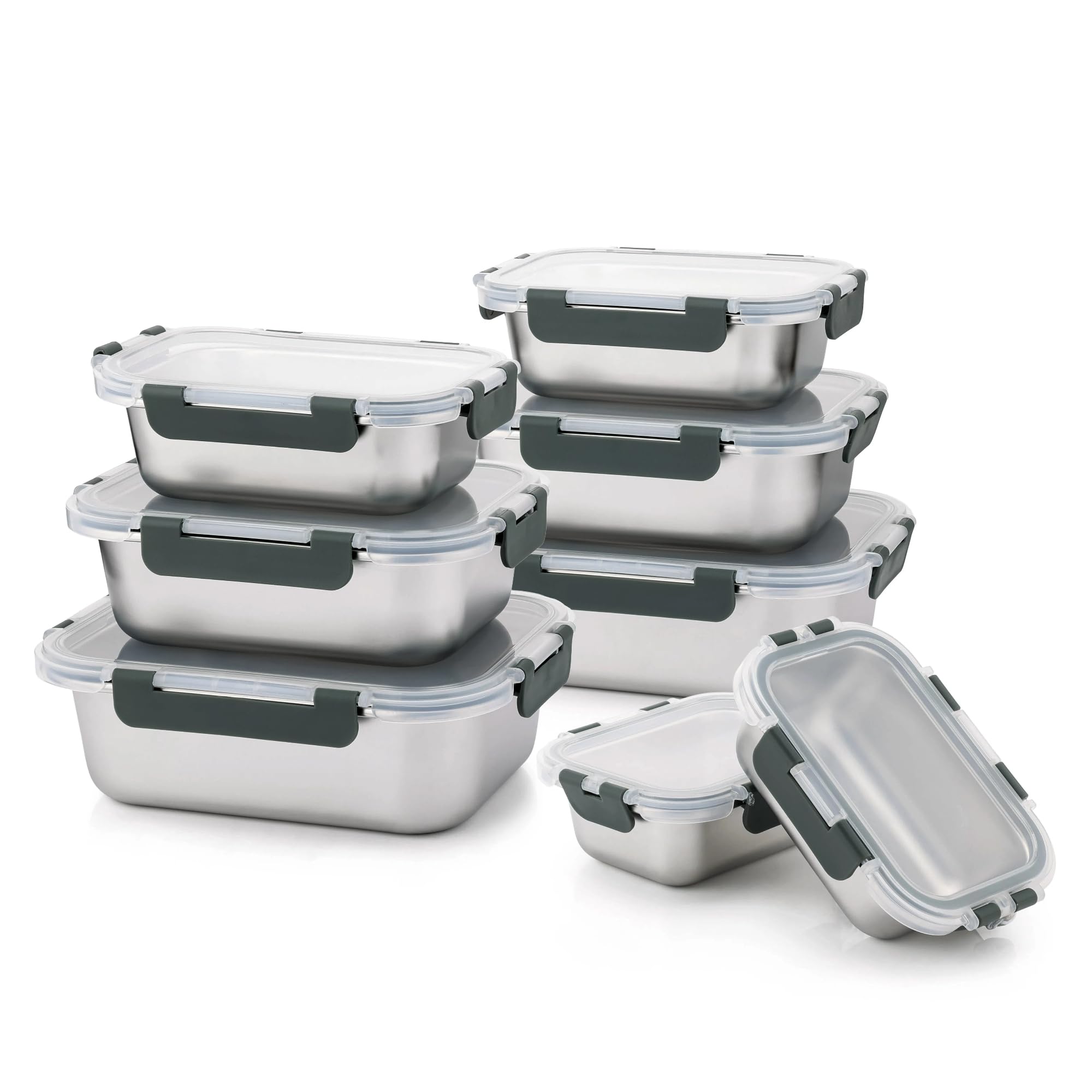 Cuiselect 8 PCS Stainless Steel Lunch Box, 4-Size (58/41 /24 /14Oz) Stackable Metal Bento Boxes BPA Free Dishwasher Safe, Food Storage Containe, Leakproof Reusable Meal Storage for Work,Travel (Gray)