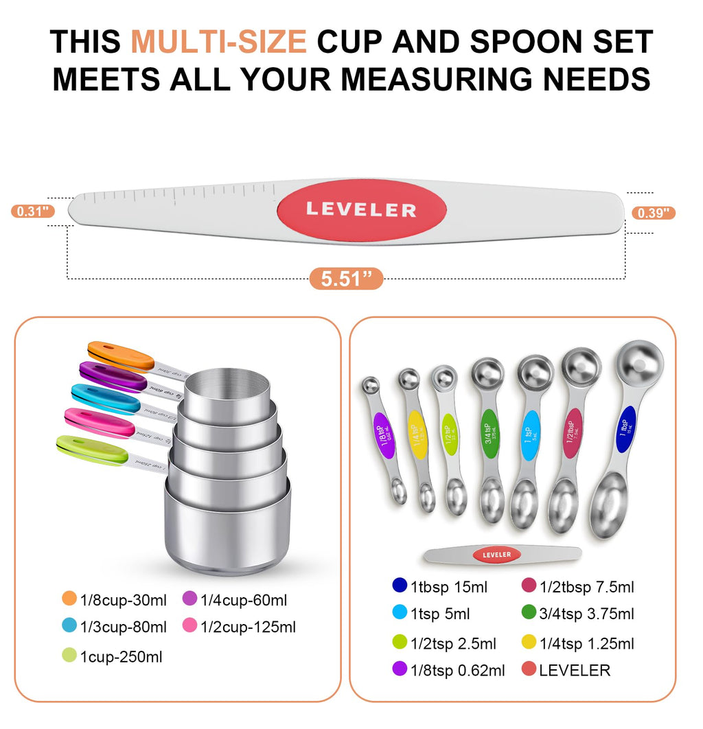 13-Piece Measuring Cups and Magnetic Spoons Set, 5 Stainless Steel Measuring Cups, 7 Double-Sided Magnetic Measuring Spoons & 1 Leveler for Cooking and Baking (5+7+1)