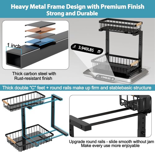 Liuoud Under Sink Organizer - 2-Tier Adjustable Pull-Out Cabinet Storage | Large Capacity Metal Rack, Black