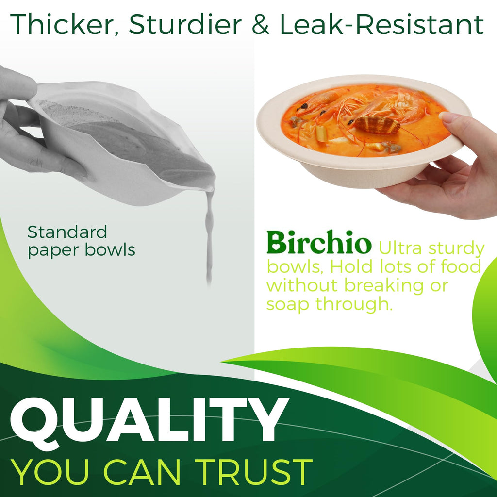 BIRCHIO Paper Bowls 16 oz [150-Pack], Heavy Duty Disposable Bowls Perfect for Hot Soup and Milk Cereals, 100% Compostable and Eco-Friendly Made from Bagasse