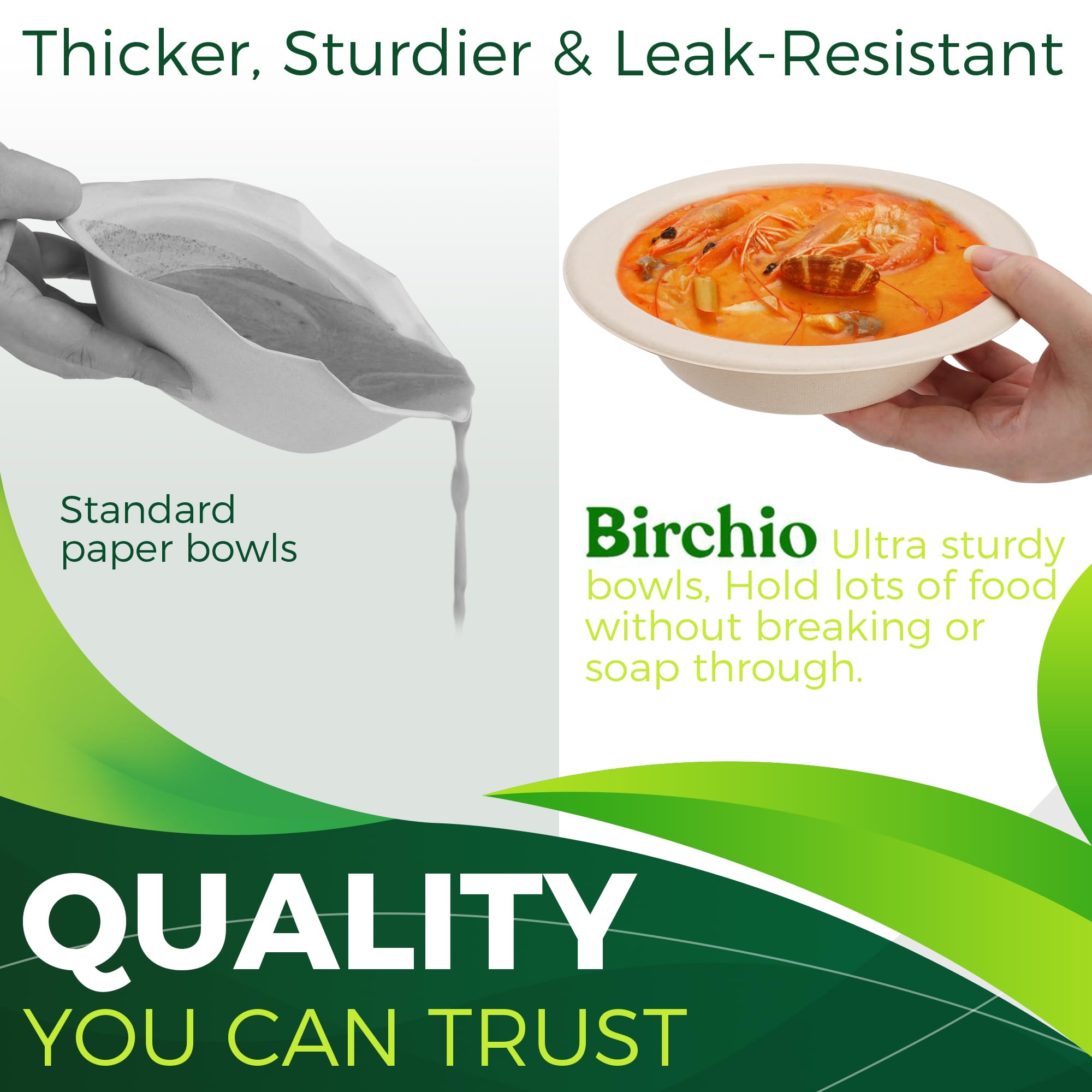 BIRCHIO Paper Bowls 16 oz [150-Pack], Heavy Duty Disposable Bowls Perfect for Hot Soup and Milk Cereals, 100% Compostable and Eco-Friendly Made from Bagasse