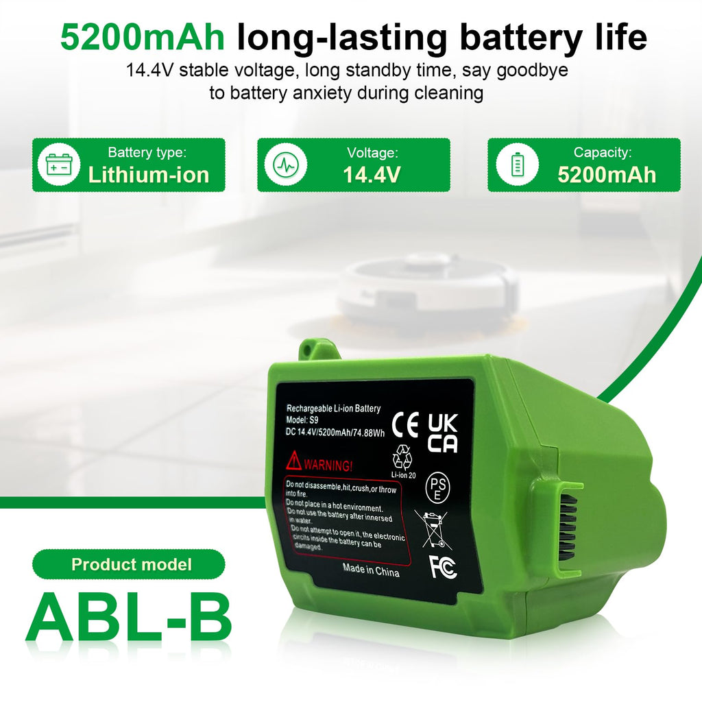 Suitable For Replacing The iRobot Roomba S9 S9+ series Robotic Vacuum Cleaner Battery Can be used S9Plus 9150 9550 S9550 S955020 S955880 ABL-B 4INR19/65-2 14.4V 5200mAh 74.88Wh High capacity