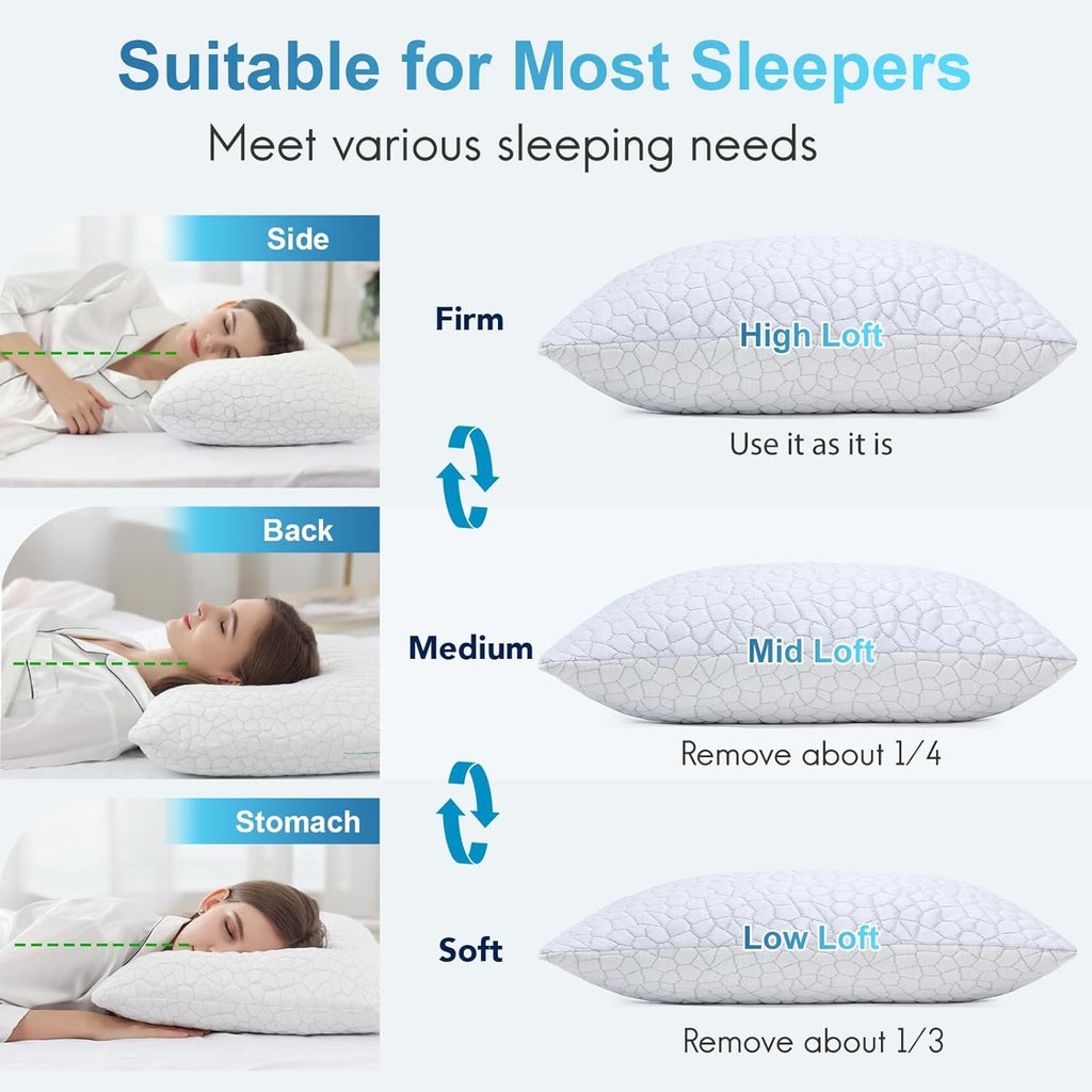 QUTOOL Cooling Pillow - CertiPUR-US Shredded Memory Foam | Adjustable Firmness for All Sleep Positions - Set of 2, White