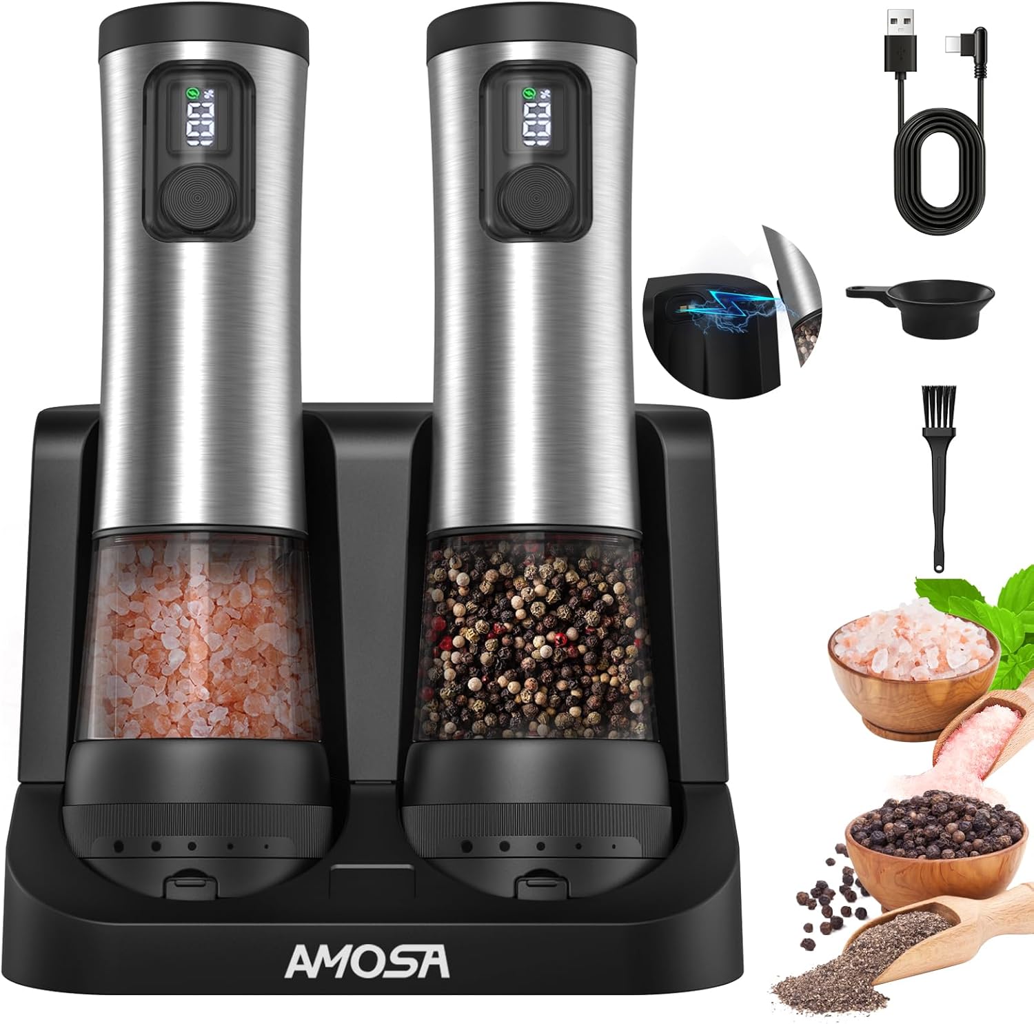 Skiennix Electric Salt and Pepper Grinder Set - Rechargeable, 2-Speed, Adjustable Coarseness, Stainless Steel