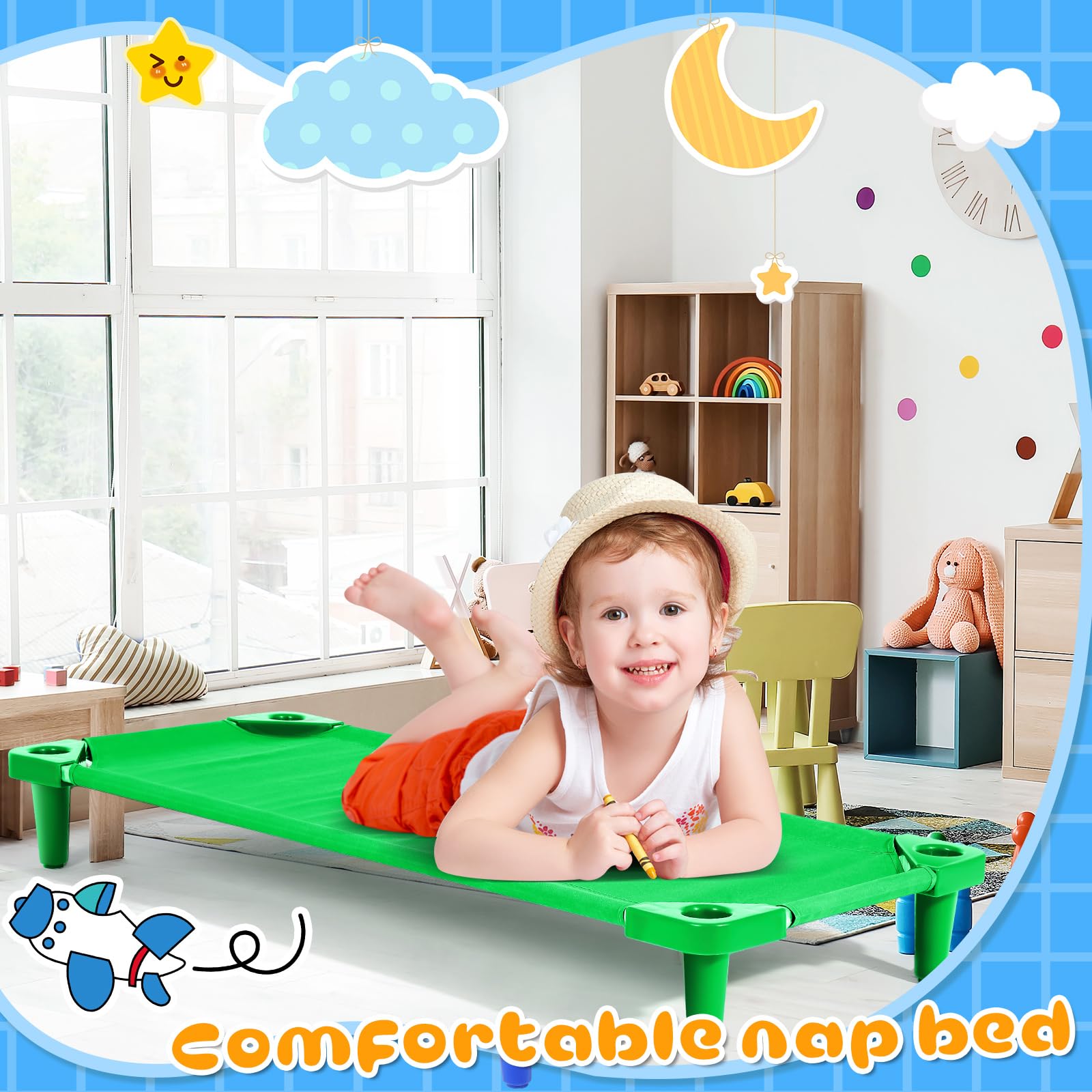 Burbell 4 Pcs Stackable Daycare Cots for Toddler 54" l x 23" W Kids Cots for Sleeping Portable Kids Bed Furniture Bed Frames Headboards Footboards for Classroom Preschool (Green)